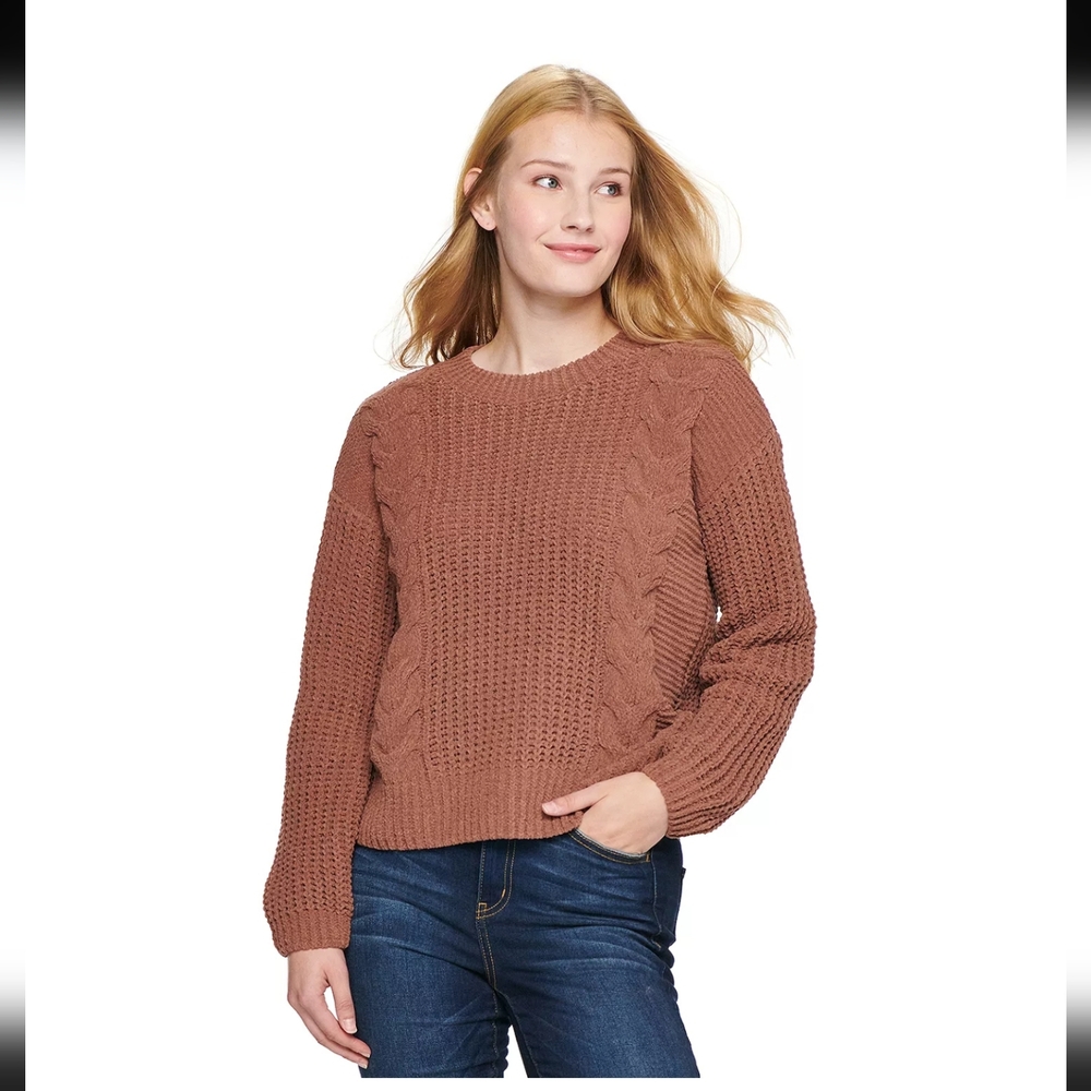 Juniors' SO Braided Cable Chenille Pullover brown